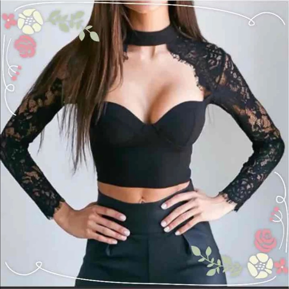 Black lace sleeve crop bustier top